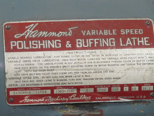 HAMMOND 5 VRRO B POLISHING & BUFFING LATHE  