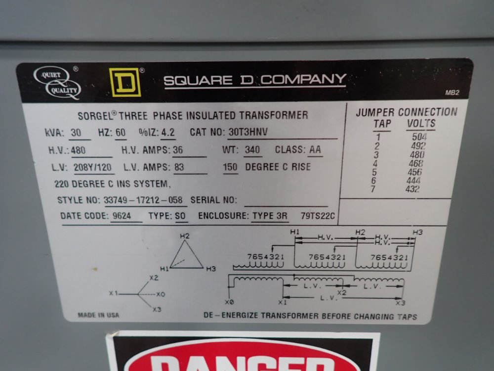 SQUARE D 30T3HNV TRANSFORMER 30 KVA 06200170004 | eBay