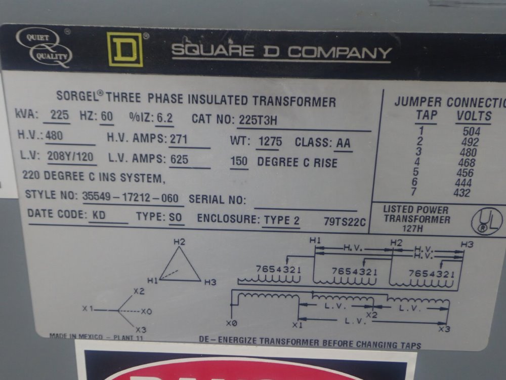 SQUARE D 225T3H TRANSFORMER 225 KVA 10192340070 | eBay